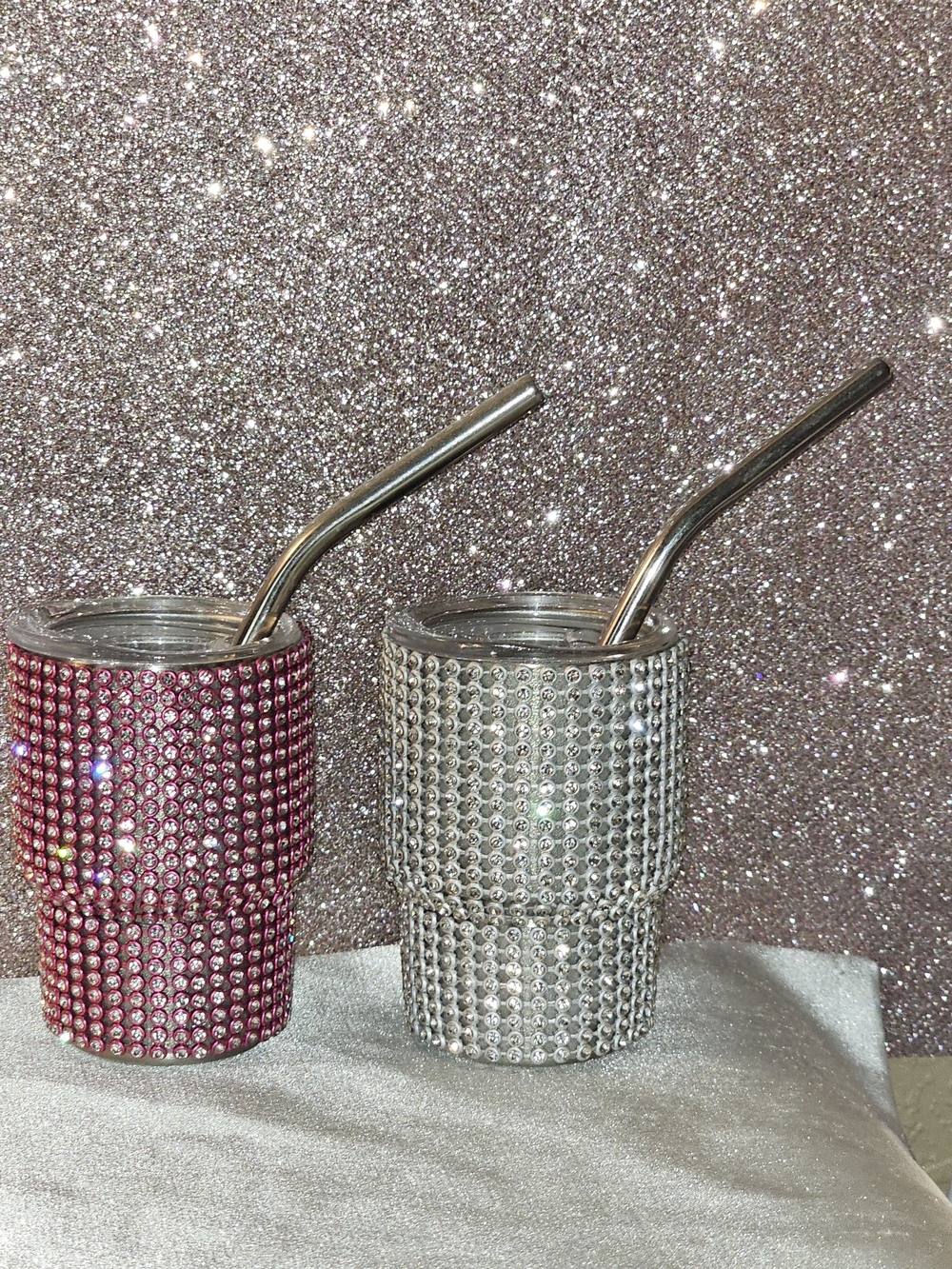 Rhinestone Bling Tumbler Duo with Metal Straws - Pink & Silver-Set Of 2